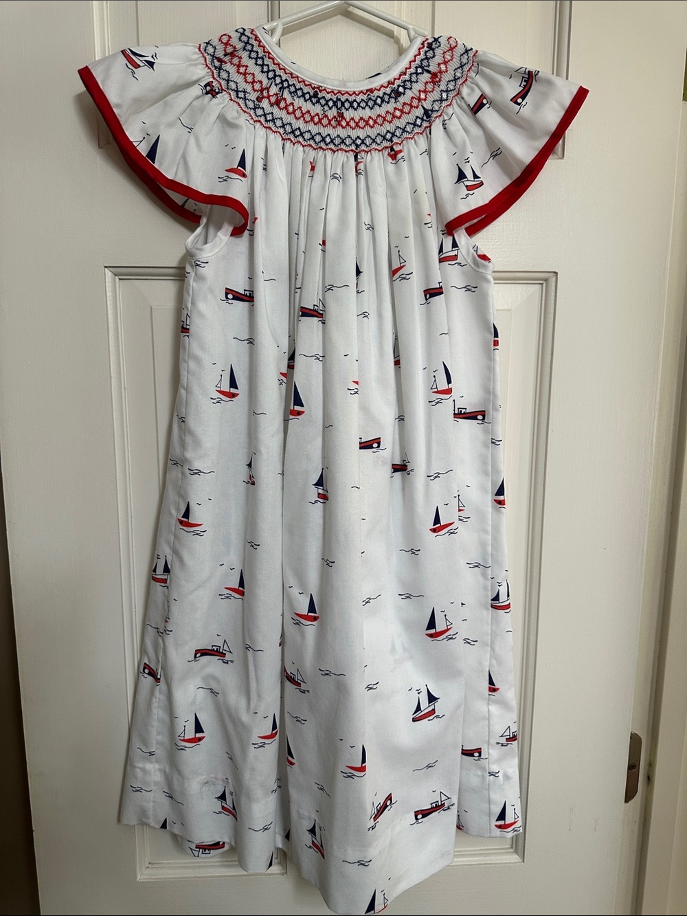 Edgehill Collection White Smocked Sailboat Dress with Red & Navy Trim